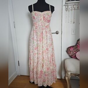Liz Lisa Gyaru Himekaji Ivory Floral Print Maxi Dress Ruffle Trim